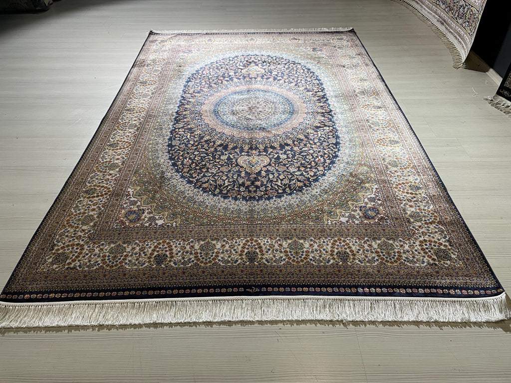 5x8 ft Gold Navy Blue Bamboo Silk Rug, Modern Medallion Design, Turkish Style Carpet