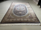 5x8 ft Gold Navy Blue Bamboo Silk Rug, Modern Medallion Design, Turkish Style Carpet