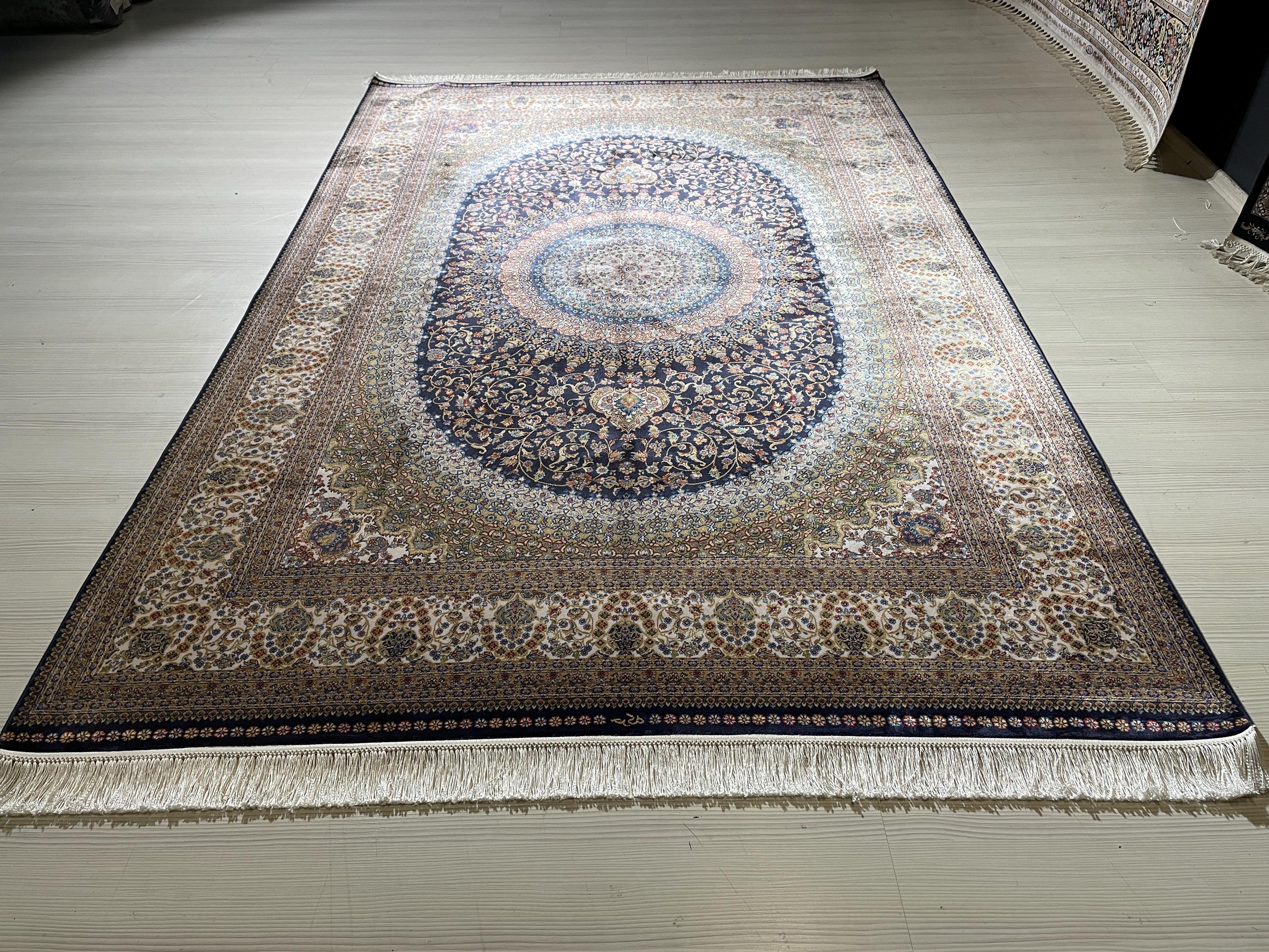 5x8 ft Gold Navy Blue Bamboo Silk Rug, Modern Medallion Design, Turkish Style Carpet