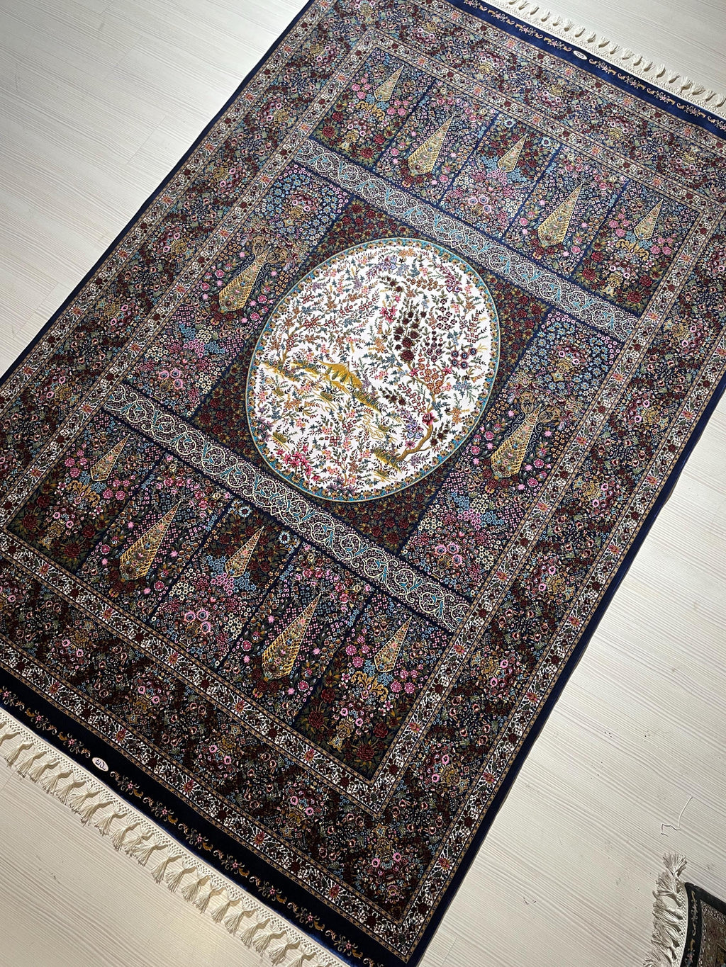 5x8 ft Tree of Life Silk Rug, Garden Design, Floral Area Rug, Black Luxury Living Room Carpet