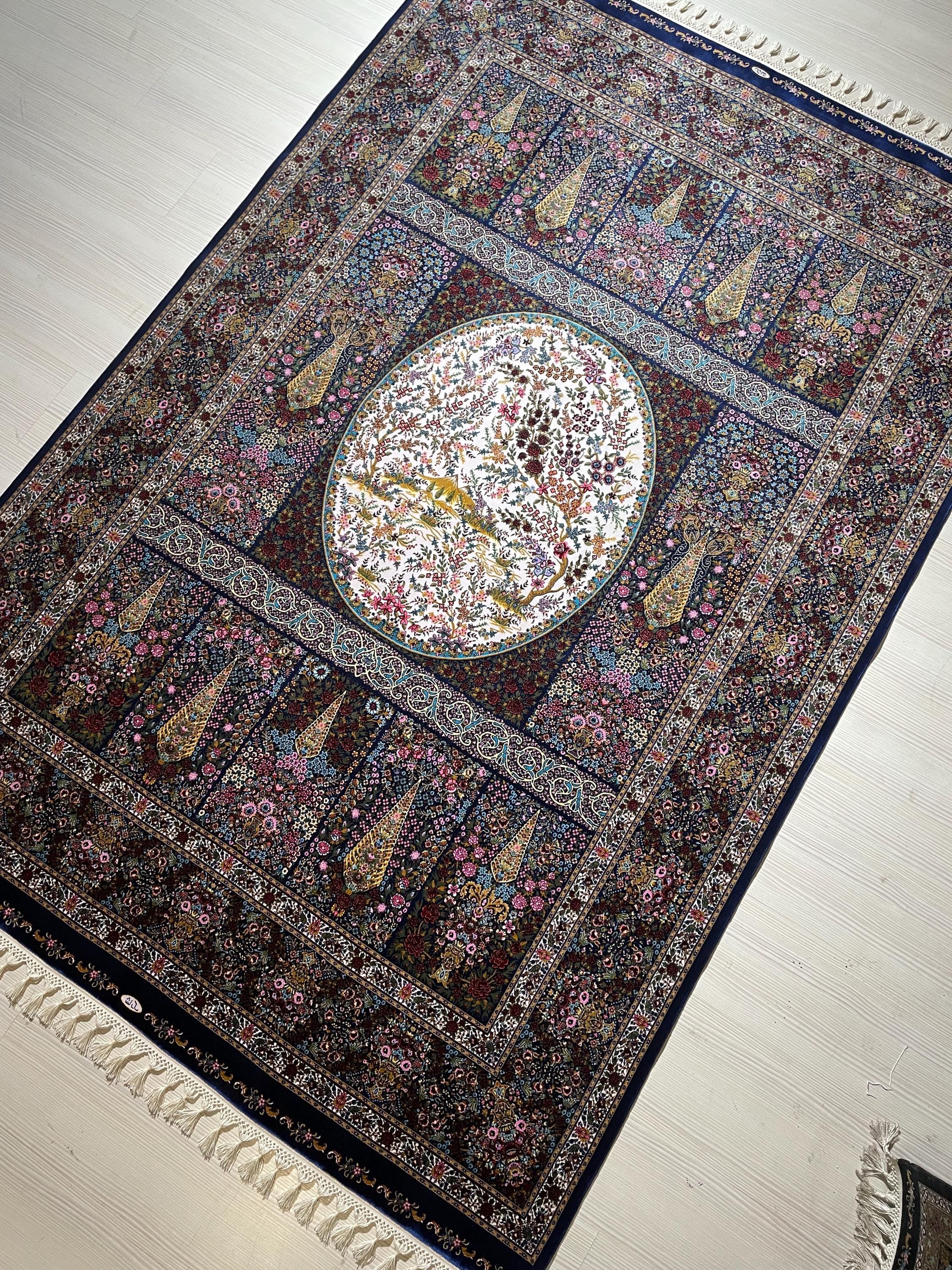 5x8 ft Tree of Life Silk Rug, Garden Design, Floral Area Rug, Black Luxury Living Room Carpet