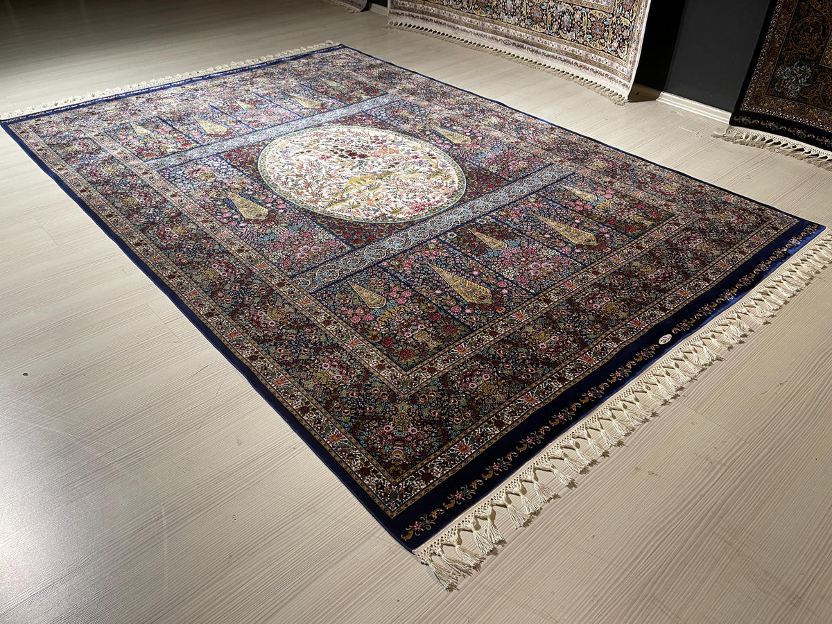 5x8 ft Tree of Life Silk Rug, Garden Design, Floral Area Rug, Black Luxury Living Room Carpet