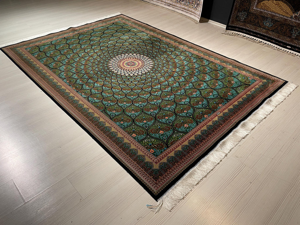 6x8 ft Modal Silk Rug, Green Lotus Floral Pattern, Luxury Living Room Carpet