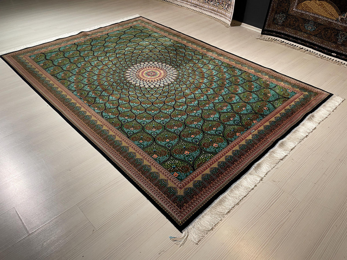 6x8 ft Modal Silk Rug, Green Lotus Floral Pattern, Luxury Living Room Carpet