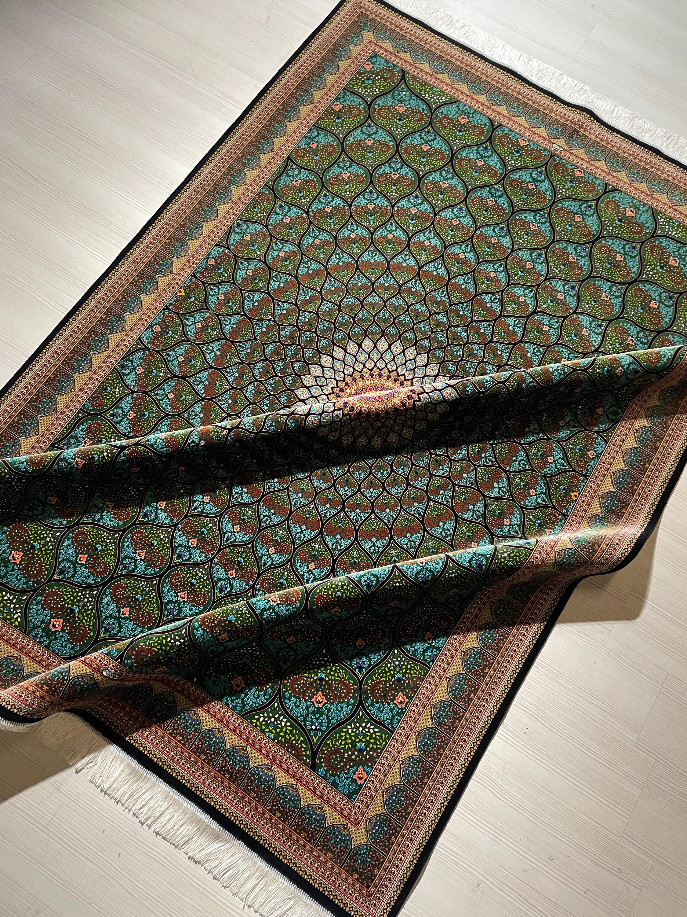 6x8 ft Modal Silk Rug, Green Lotus Floral Pattern, Luxury Living Room Carpet
