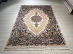 5x8 ft Silk Area Rug, Ivory Medallion, Blue Border, Luxury Living Room Carpet