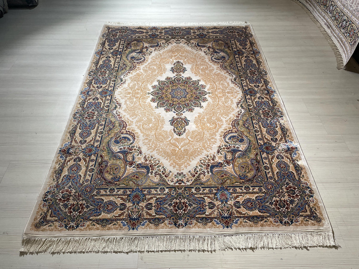 5x8 ft Silk Area Rug, Ivory Medallion, Blue Border, Luxury Living Room Carpet