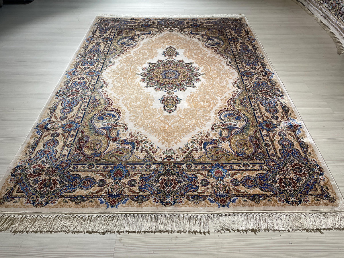 5x8 ft Silk Area Rug, Ivory Medallion, Blue Border, Luxury Living Room Carpet