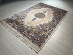 5x8 ft Silk Area Rug, Ivory Medallion, Blue Border, Luxury Living Room Carpet