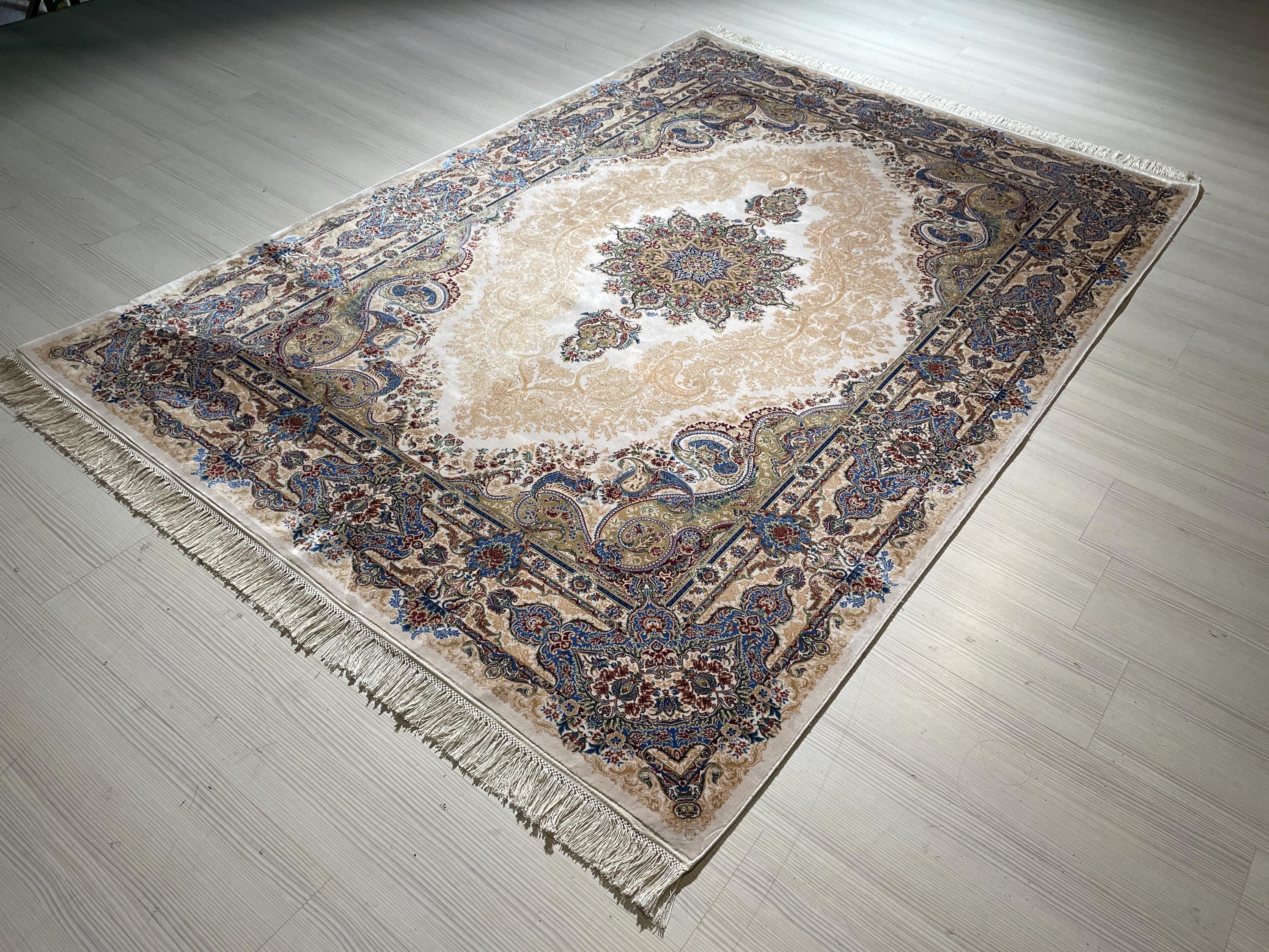 5x8 ft Silk Area Rug, Ivory Medallion, Blue Border, Luxury Living Room Carpet