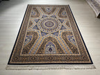 5x8Navy Blue Gold Silk Rug, Geometric Star Medallion, Luxury Area Rug, Turkish Decor