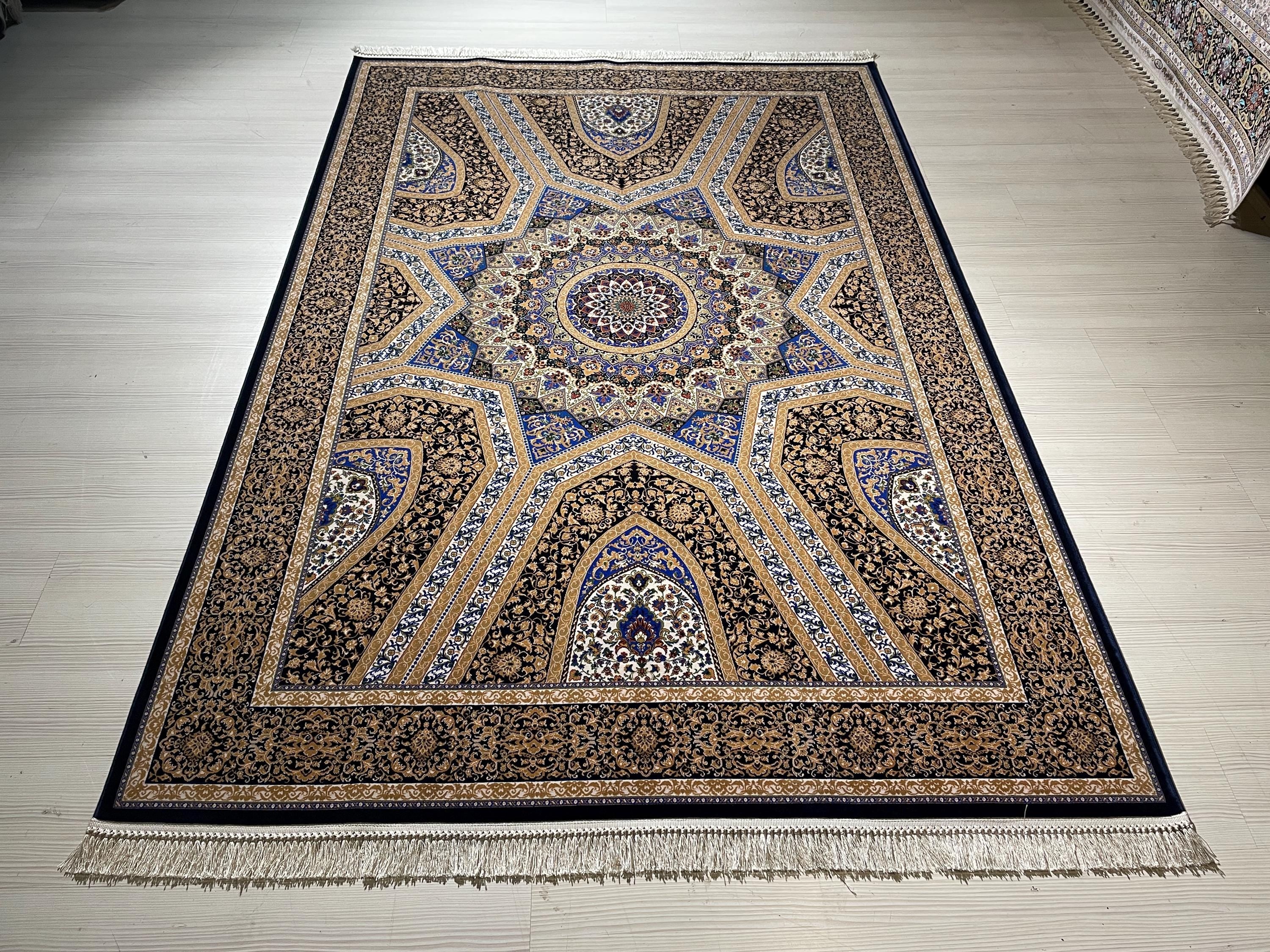 5x8Navy Blue Gold Silk Rug, Geometric Star Medallion, Luxury Area Rug, Turkish Decor