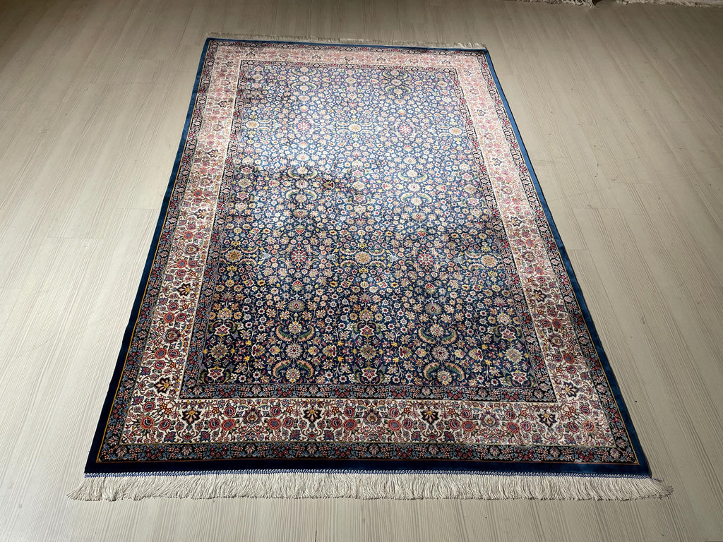 6x8 ft Navy Blue Turkish Silk Rug, Floral Area Rug, Luxury Living Room Decor