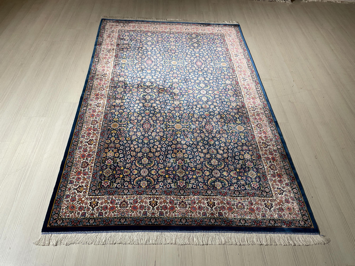 6x8 ft Navy Blue Turkish Silk Rug, Floral Area Rug, Luxury Living Room Decor