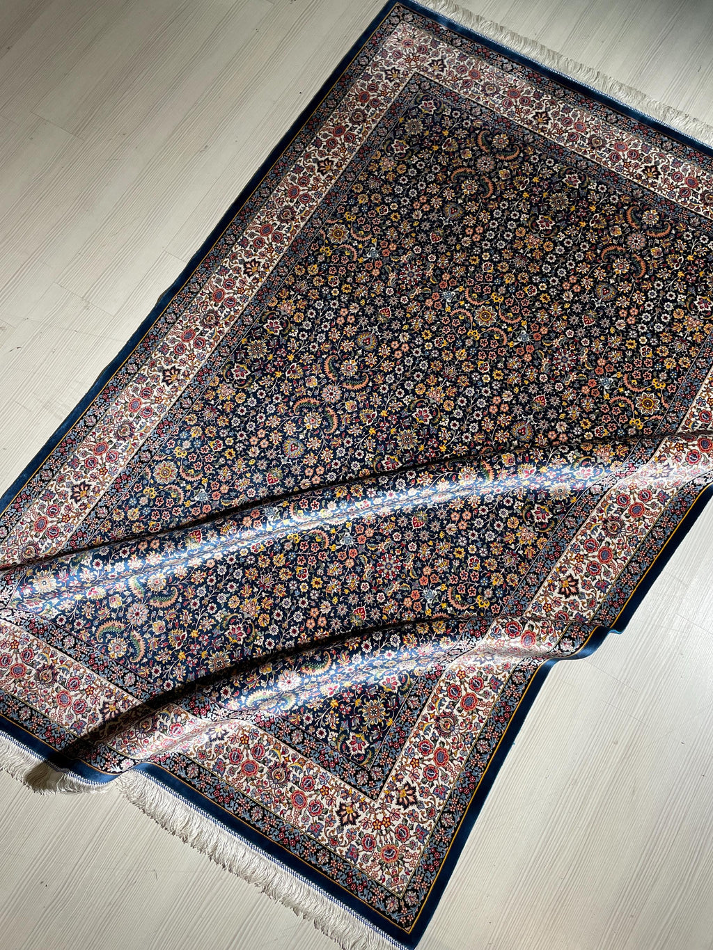 6x8 ft Navy Blue Turkish Silk Rug, Floral Area Rug, Luxury Living Room Decor