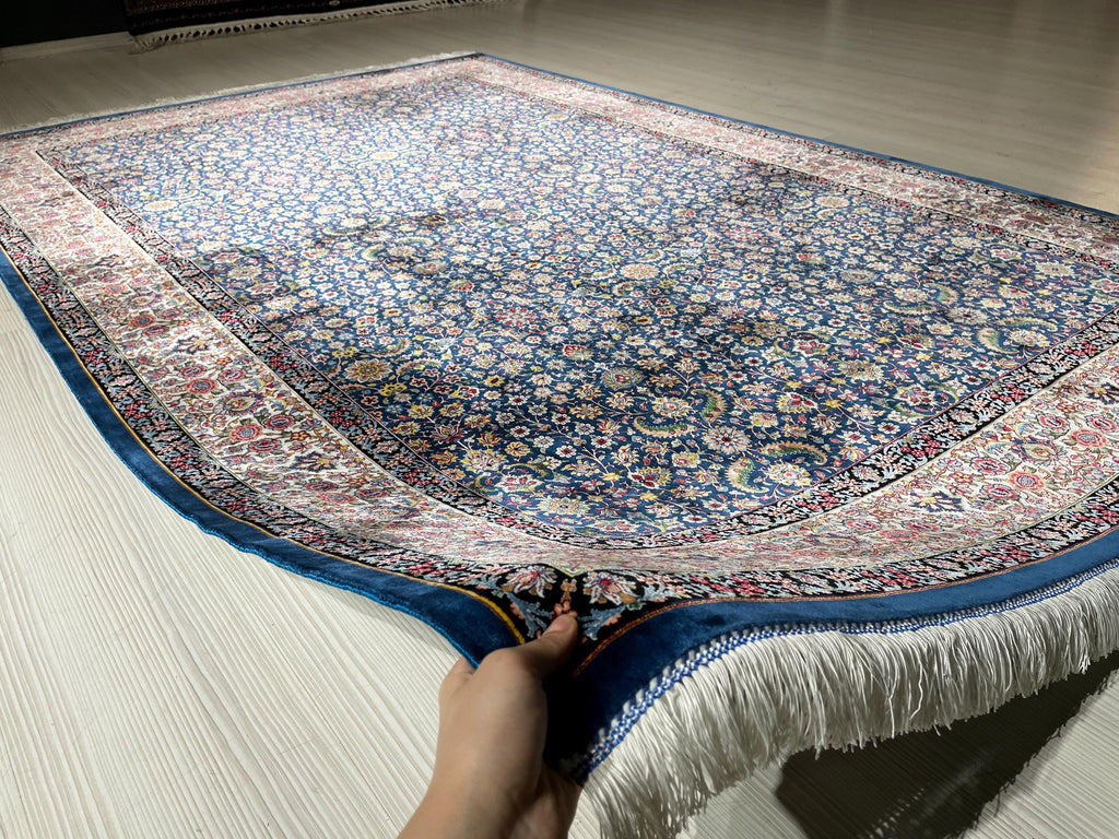6x8 ft Navy Blue Turkish Silk Rug, Floral Area Rug, Luxury Living Room Decor