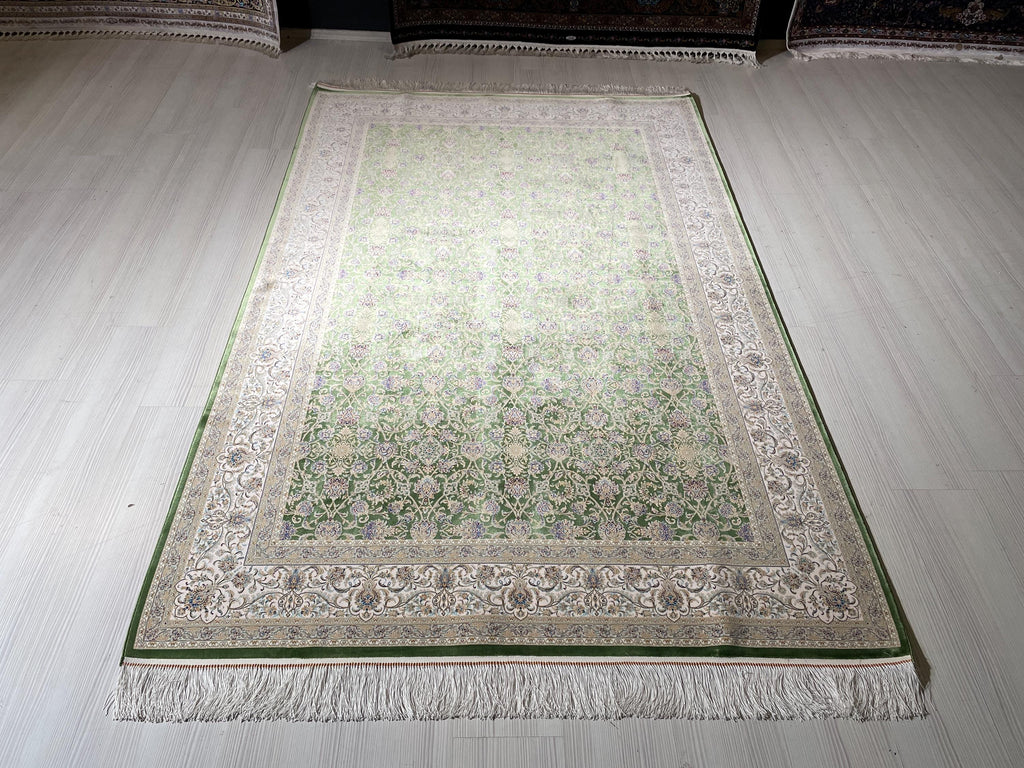 5x8 ft Green Beige Silk Rug, Floral Pattern, Turkish Style Living Room Rug