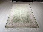 5x8 ft Green Beige Silk Rug, Floral Pattern, Turkish Style Living Room Rug