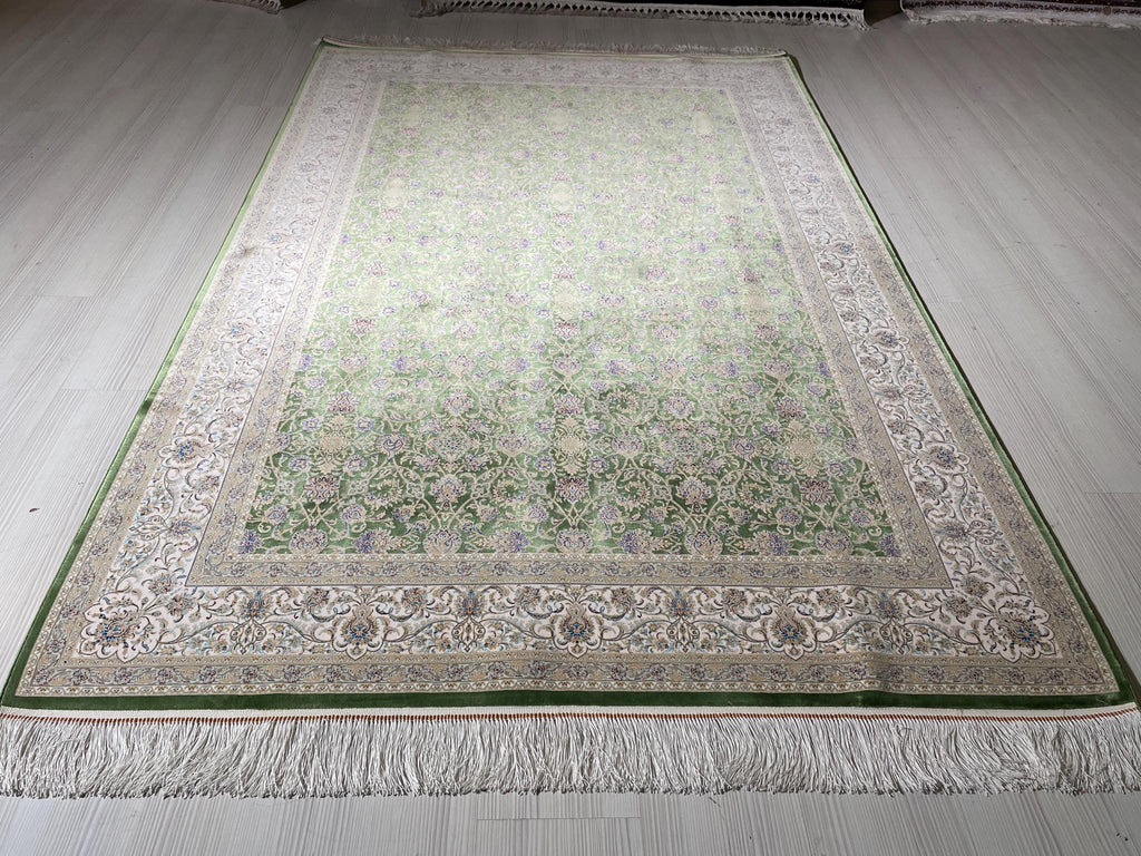 5x8 ft Green Beige Silk Rug, Floral Pattern, Turkish Style Living Room Rug