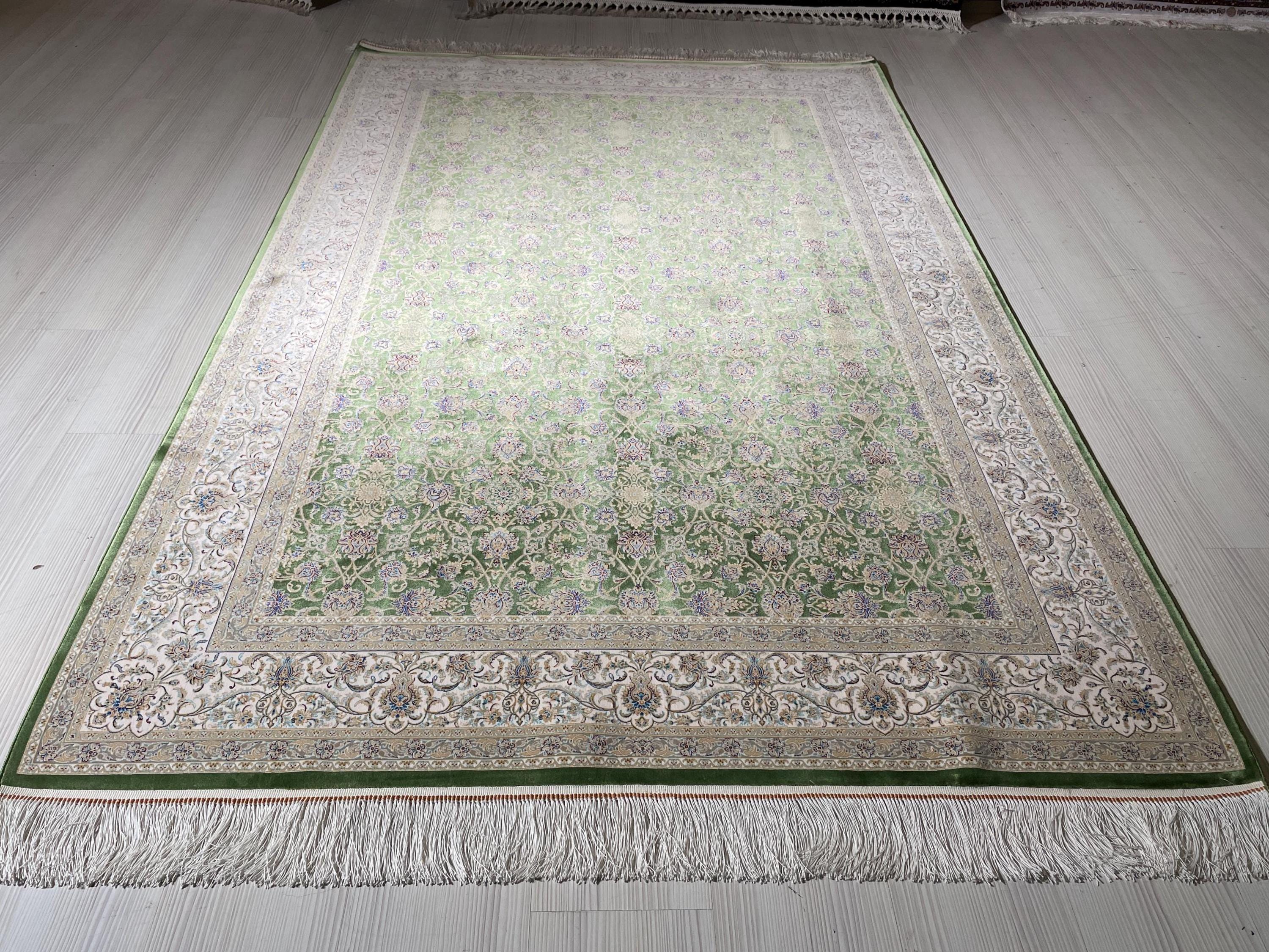 5x8 ft Green Beige Silk Rug, Floral Pattern, Turkish Style Living Room Rug