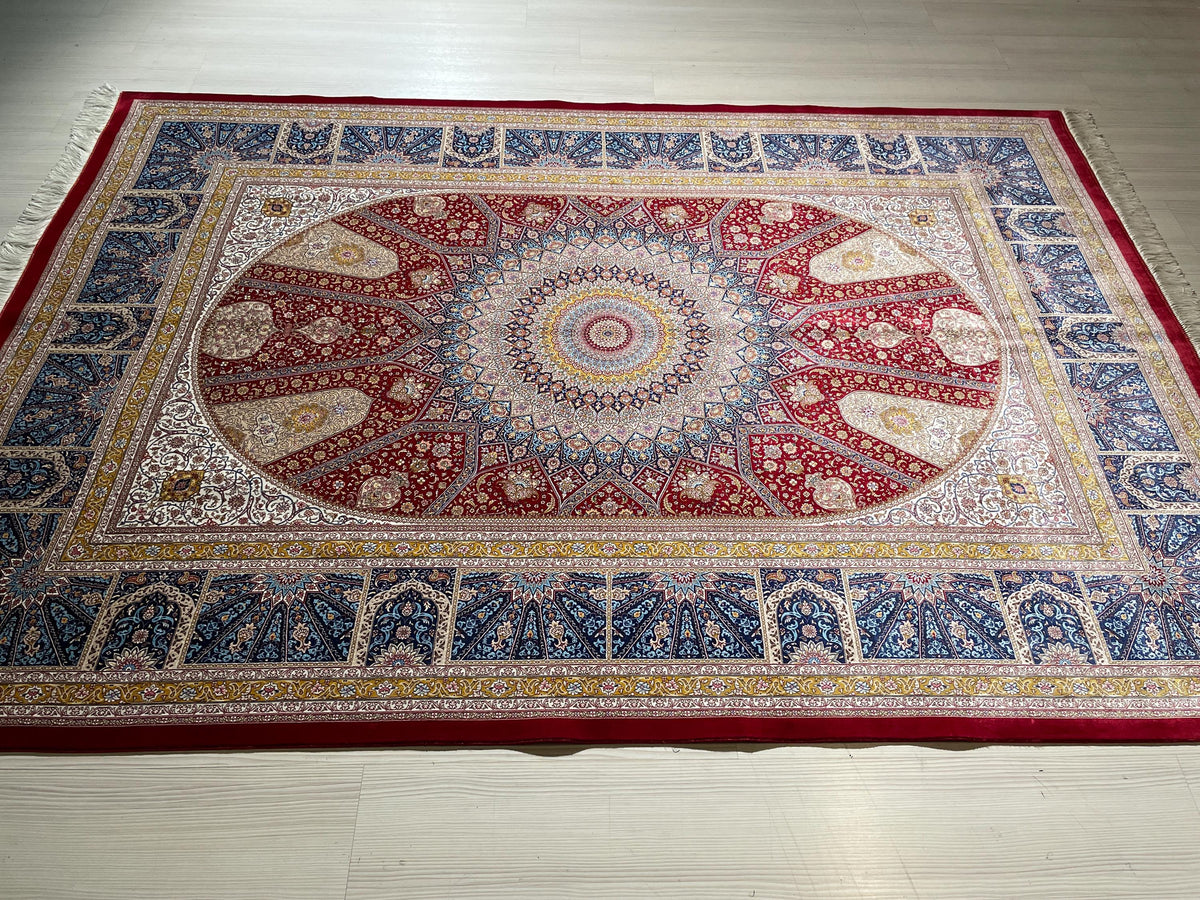 6x8 ft Red Silk Rug, Medallion Design, Modern Oriental Rug