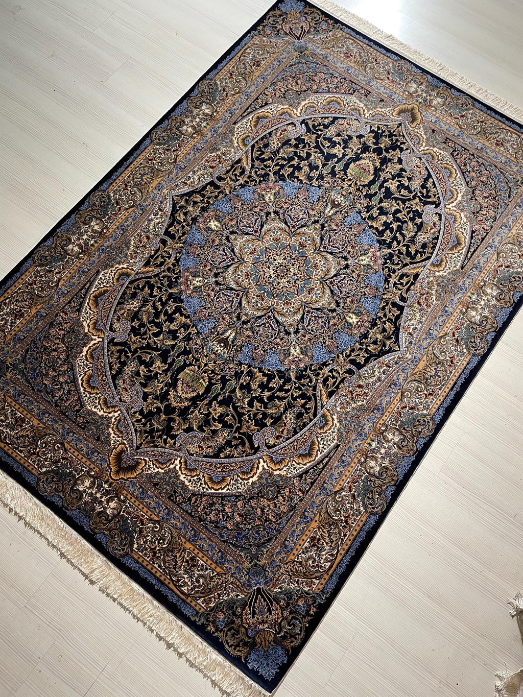 5x8 ft Silk Rug, Navy Floral Medallion, Luxury Area Rug, Classic Turkish Home Decor