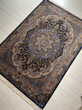 5x8 ft Silk Rug, Navy Floral Medallion, Luxury Area Rug, Classic Turkish Home Decor