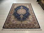 5x8 ft Silk Rug, Navy Floral Medallion, Classic Luxury Area Rug, Elegant Turkish Home Decor