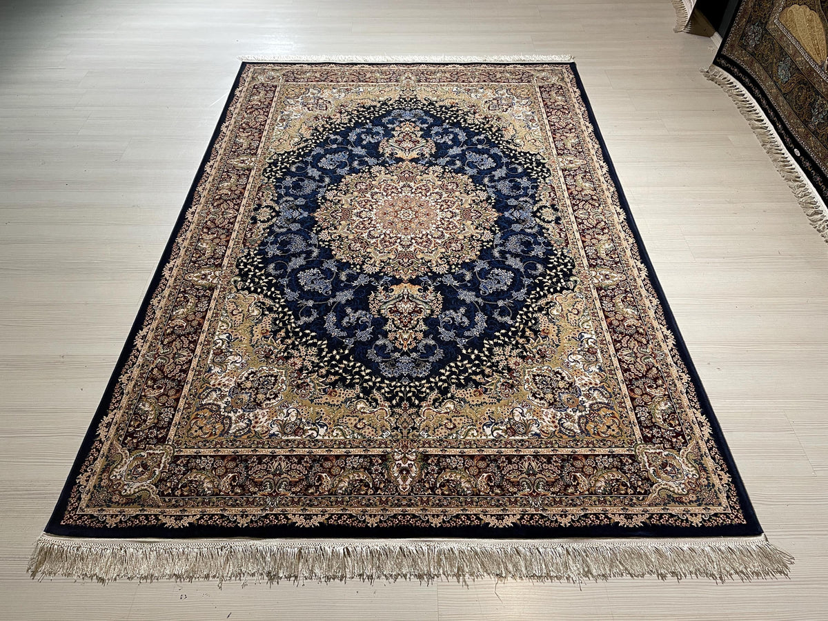 5x8 ft Silk Rug, Navy Floral Medallion, Classic Luxury Area Rug, Elegant Turkish Home Decor