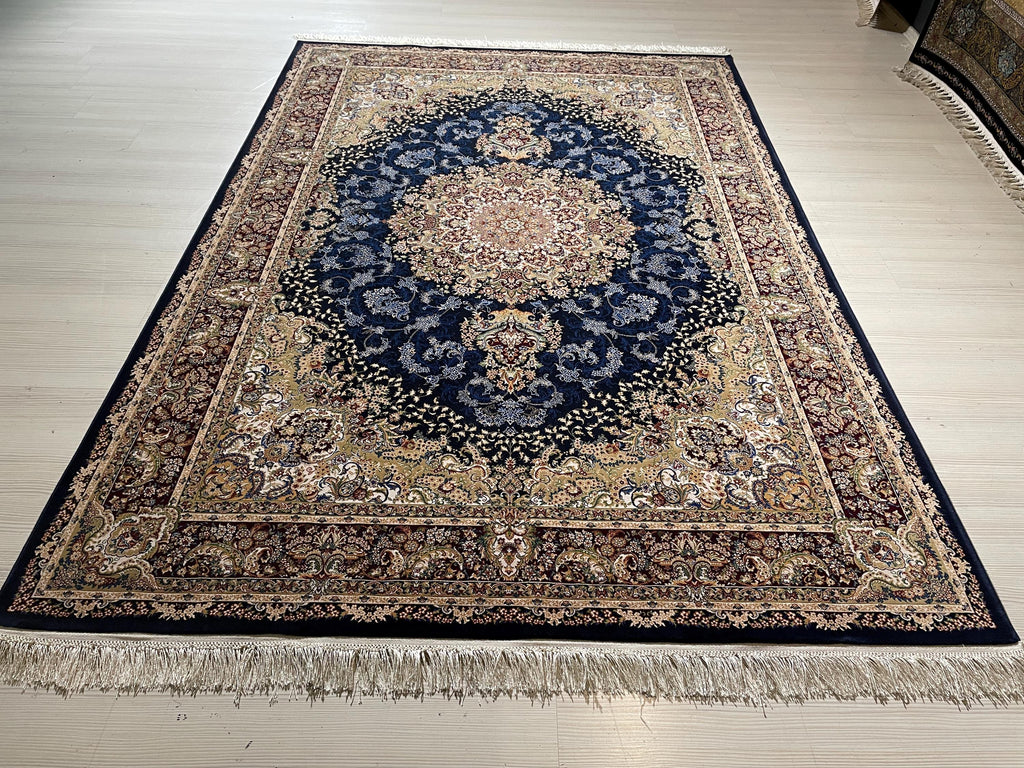 5x8 ft Silk Rug, Navy Floral Medallion, Classic Luxury Area Rug, Elegant Turkish Home Decor