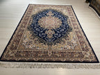 5x8 ft Silk Rug, Navy Floral Medallion, Classic Luxury Area Rug, Elegant Turkish Home Decor