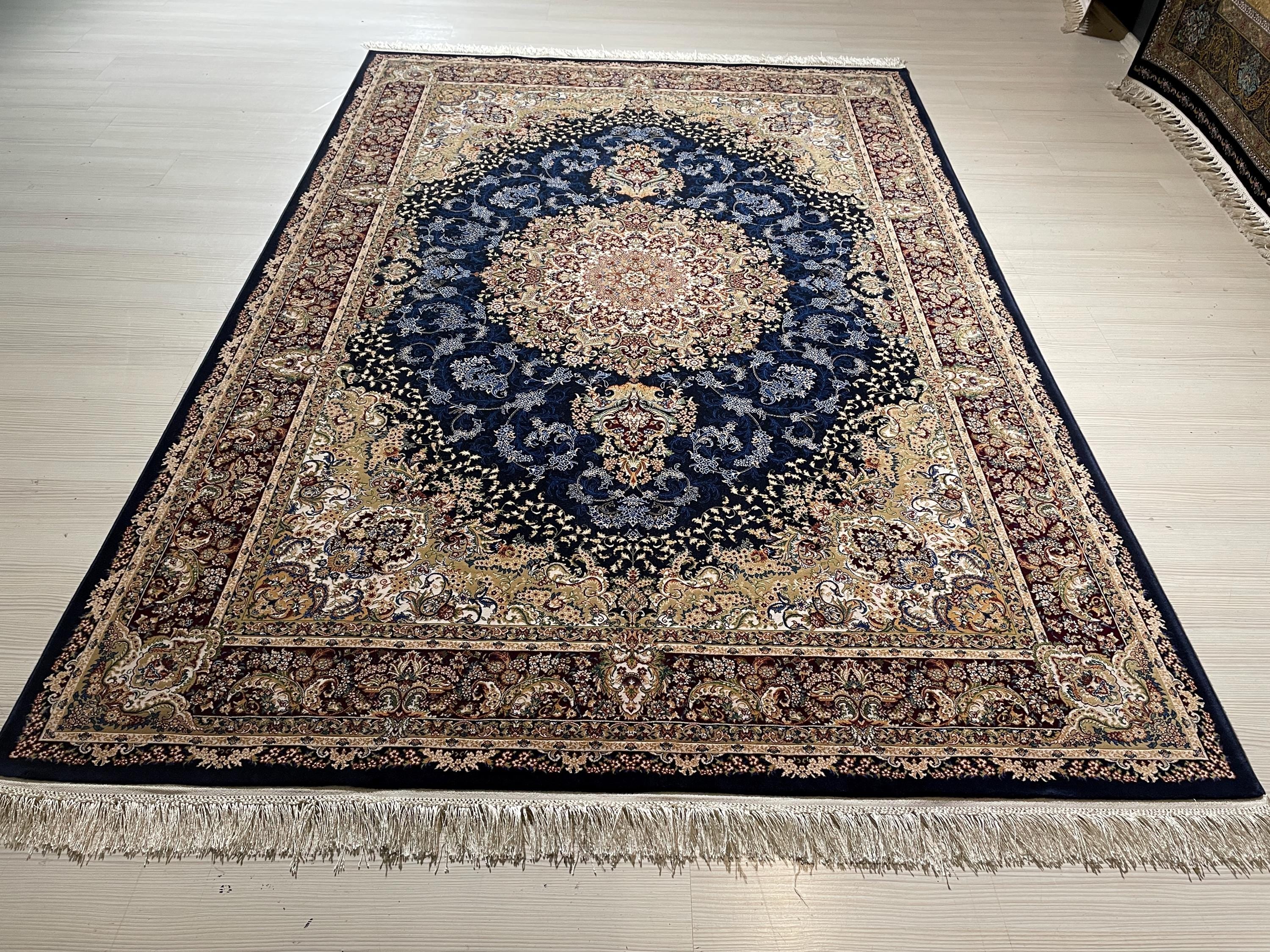 5x8 ft Silk Rug, Navy Floral Medallion, Classic Luxury Area Rug, Elegant Turkish Home Decor