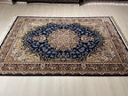 5x8 ft Silk Rug, Navy Floral Medallion, Classic Luxury Area Rug, Elegant Turkish Home Decor
