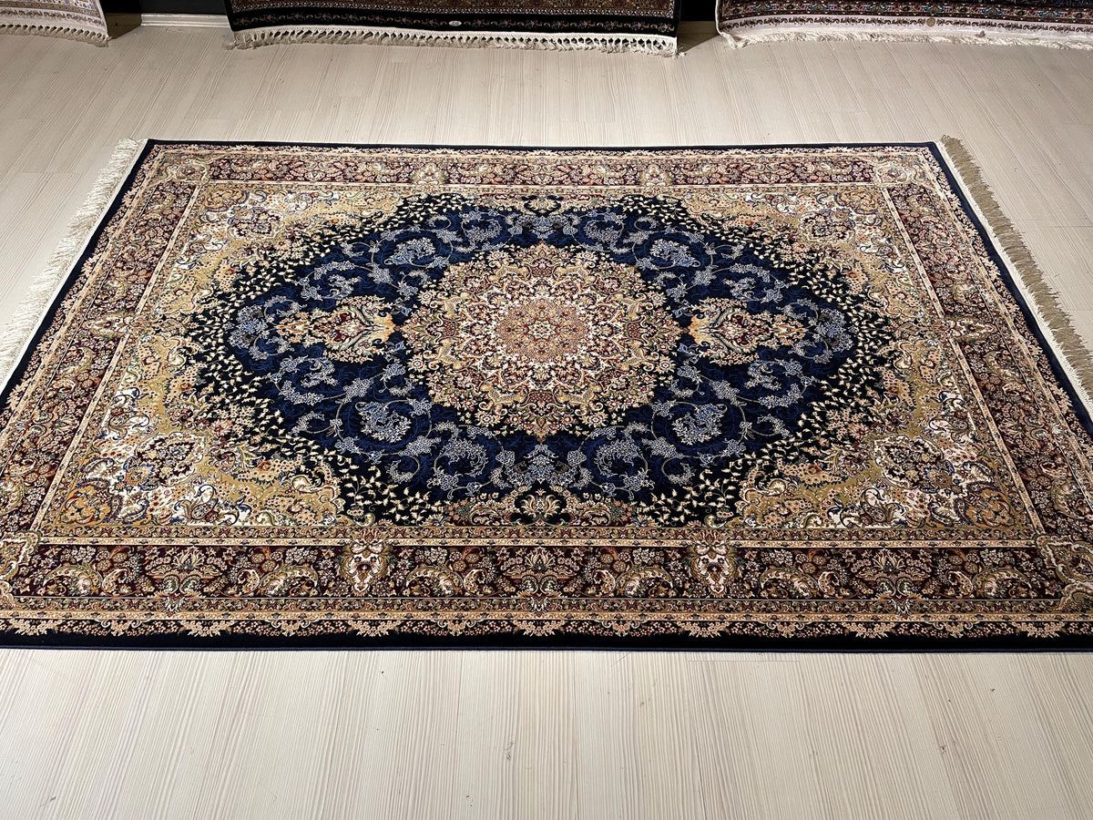 5x8 ft Silk Rug, Navy Floral Medallion, Classic Luxury Area Rug, Elegant Turkish Home Decor