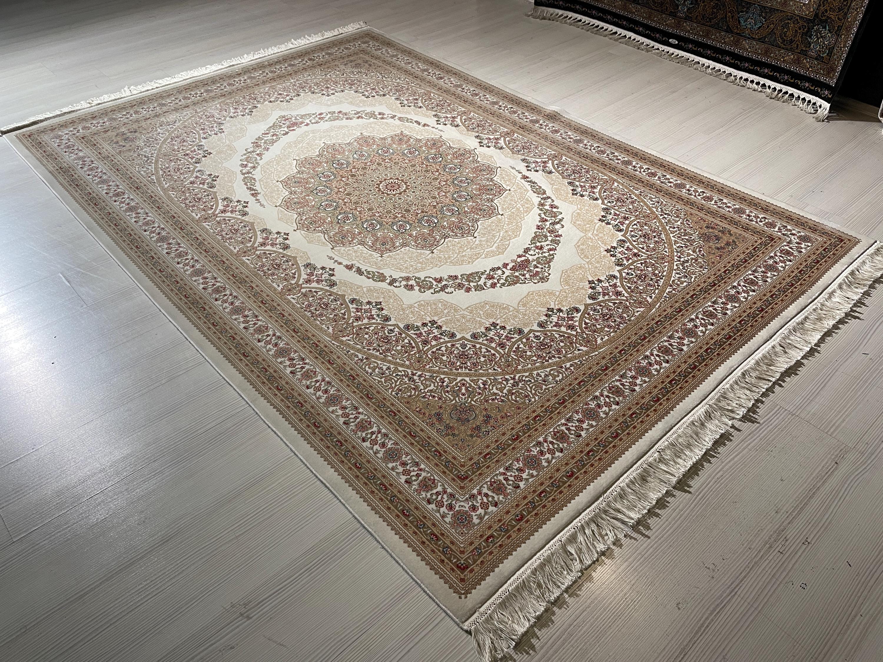 6x8 ft Silk Ivory Medallion Rug, Luxury Living Room Carpet, Traditional Floral Rug