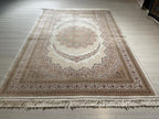 6x8 ft Silk Ivory Medallion Rug, Luxury Living Room Carpet, Traditional Floral Rug