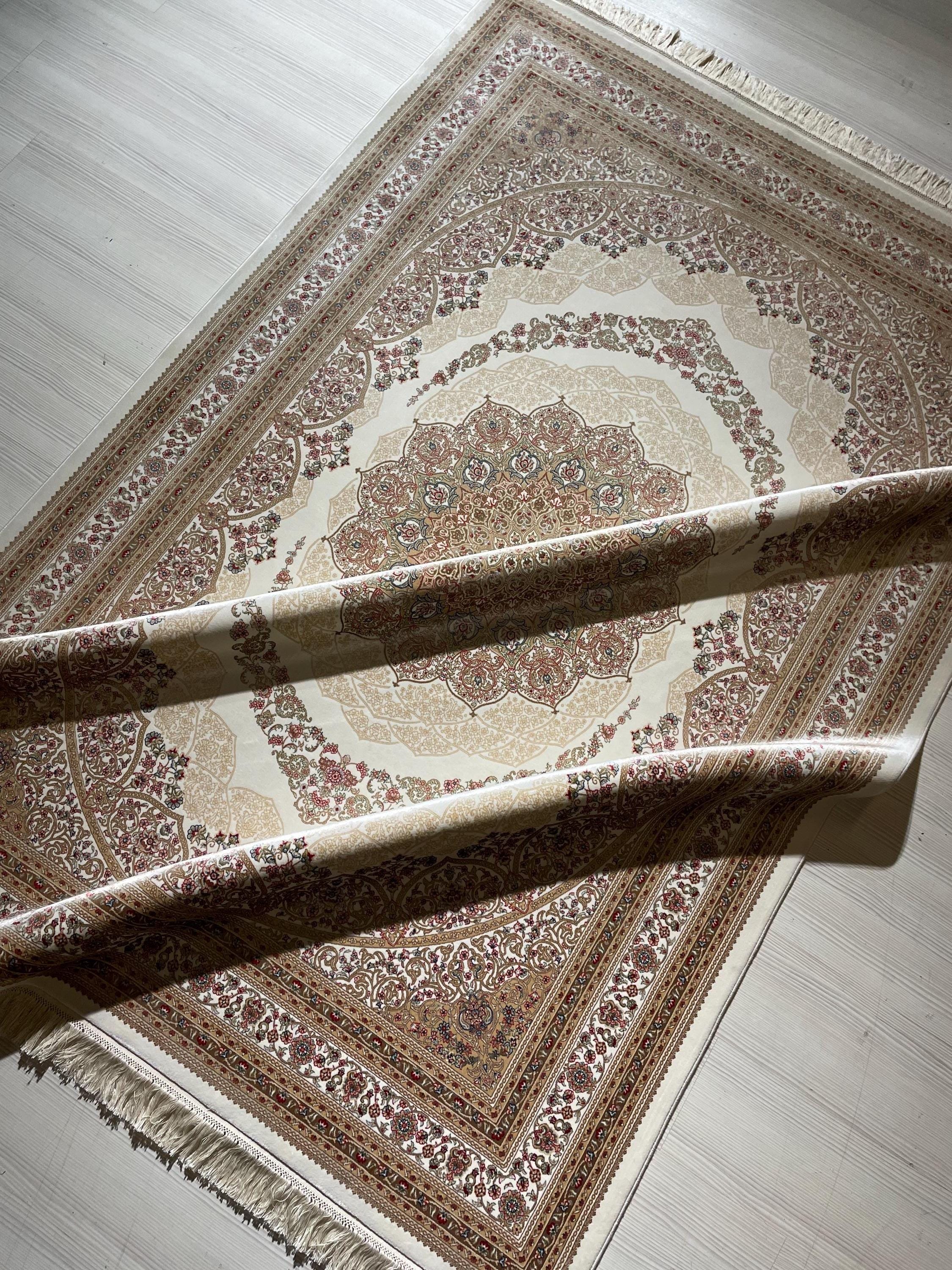 6x8 ft Silk Ivory Medallion Rug, Luxury Living Room Carpet, Traditional Floral Rug