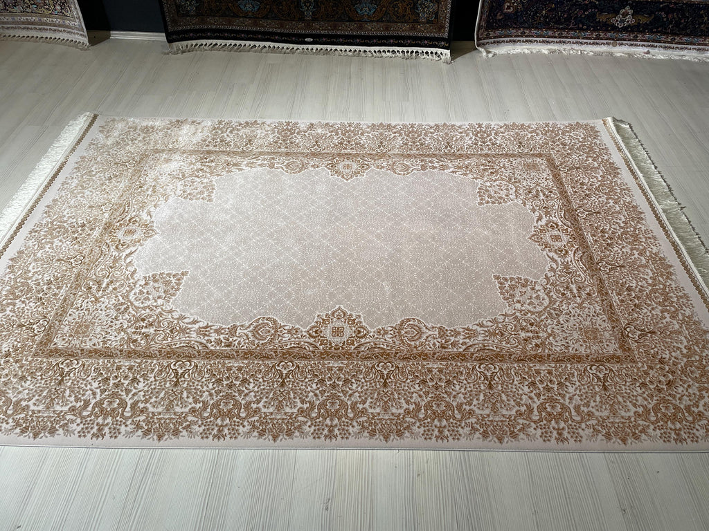 5x8 ft Modal Silk Ivory Rug, Turkish Carpet, Elegant Living Room Rug, Vintage Border Design