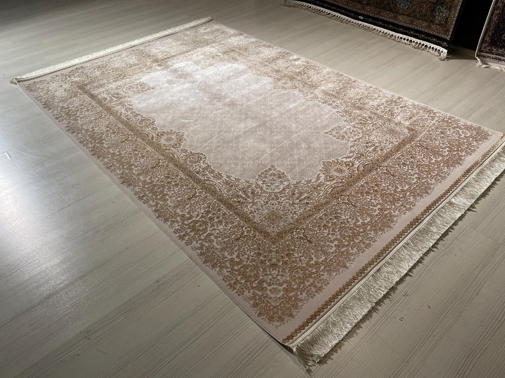 5x8 ft Modal Silk Ivory Rug, Turkish Carpet, Elegant Living Room Rug, Vintage Border Design