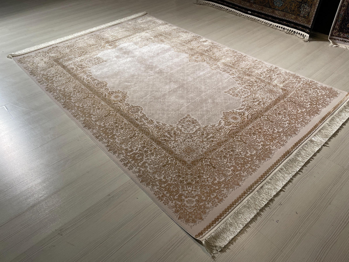 5x8 ft Modal Silk Ivory Rug, Turkish Carpet, Elegant Living Room Rug, Vintage Border Design