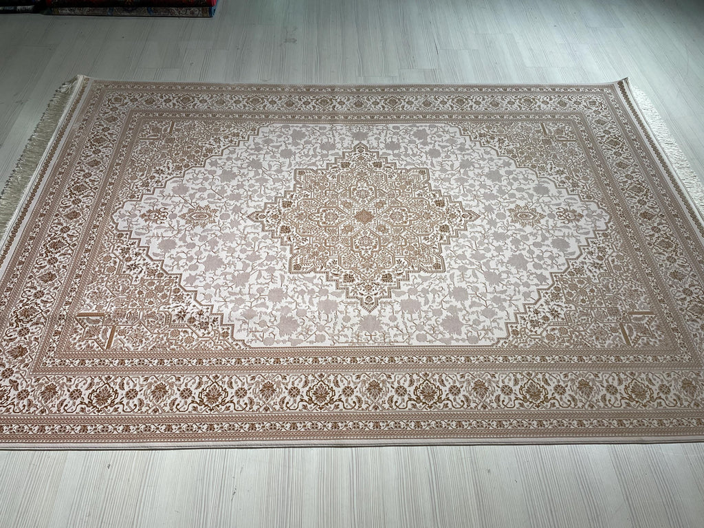 5x8 ft Modal Silk Area Rug, Ivory Medallion Rug, Turkish Style Carpet
