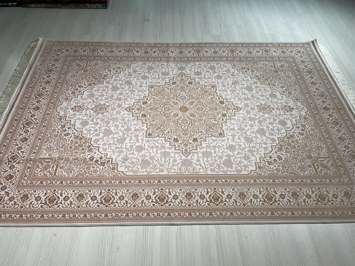 5x8 ft Modal Silk Area Rug, Ivory Medallion Rug, Turkish Style Carpet
