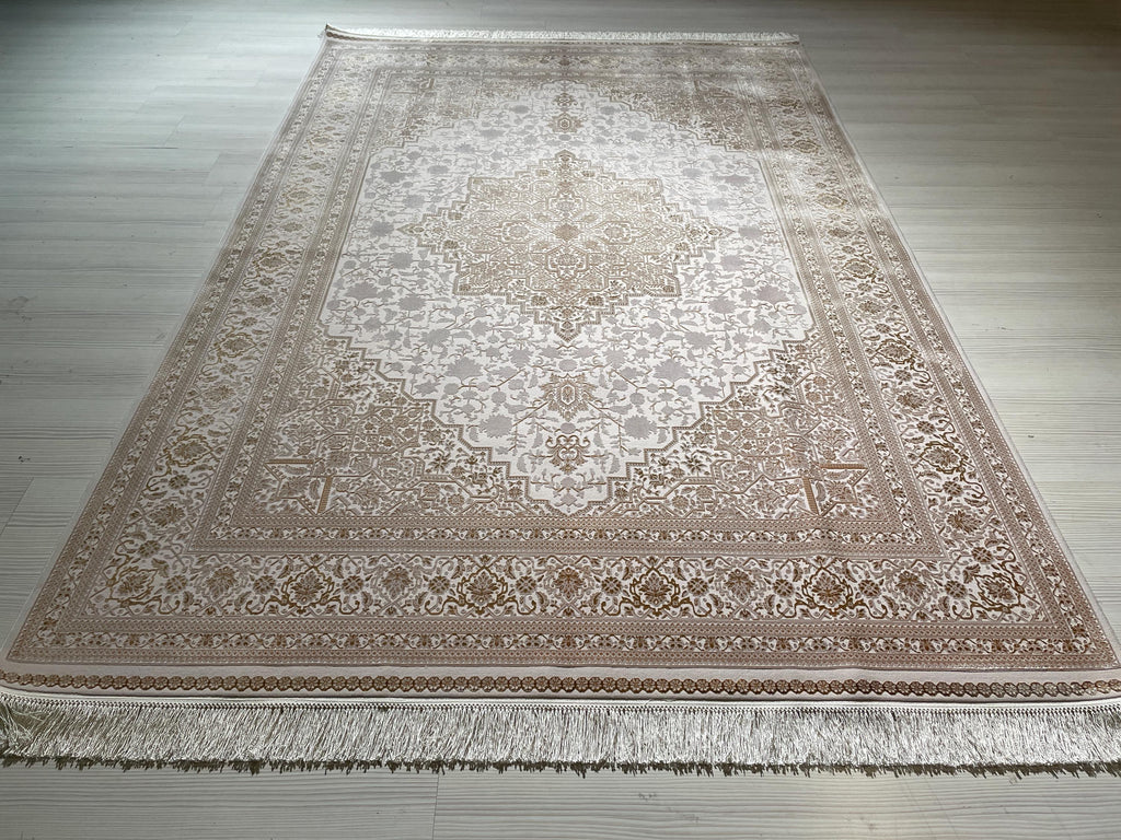 5x8 ft Modal Silk Area Rug, Ivory Medallion Rug, Turkish Style Carpet