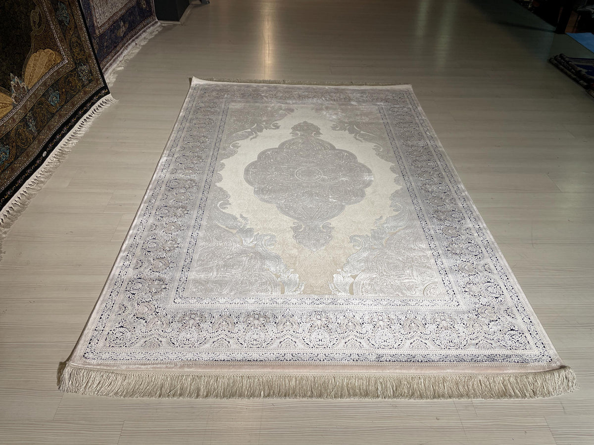 5x8 ft Beige Navy Blue Bamboo Area Rug, Medallion Rug, Turkish Luxury Carpet