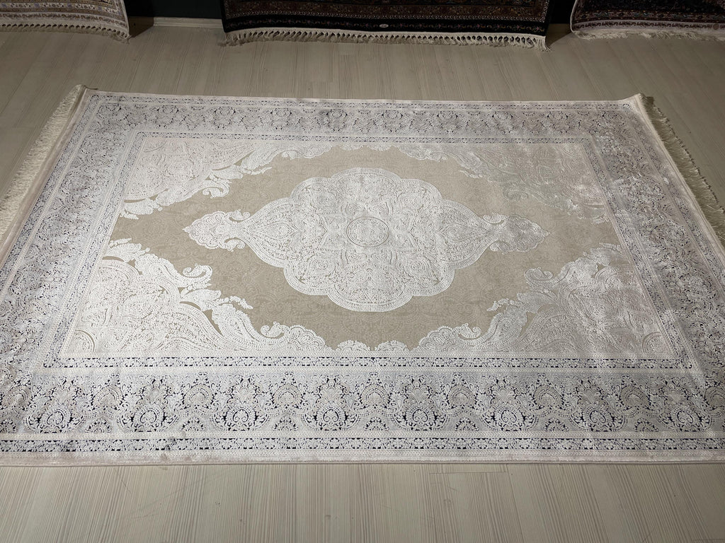 5x8 ft Beige Navy Blue Bamboo Area Rug, Medallion Rug, Turkish Luxury Carpet