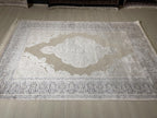 5x8 ft Beige Navy Blue Bamboo Area Rug, Medallion Rug, Turkish Luxury Carpet