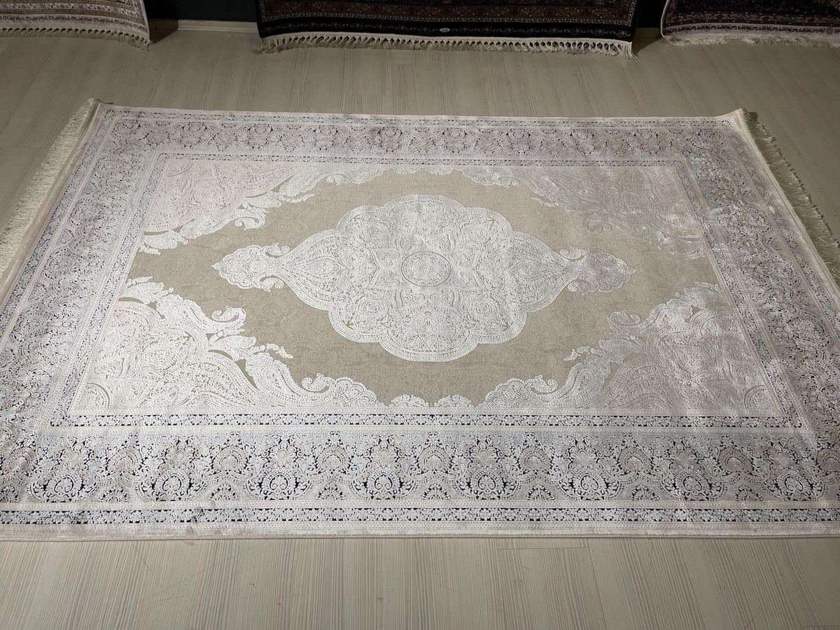 5x8 ft Beige Navy Blue Bamboo Area Rug, Medallion Rug, Turkish Luxury Carpet