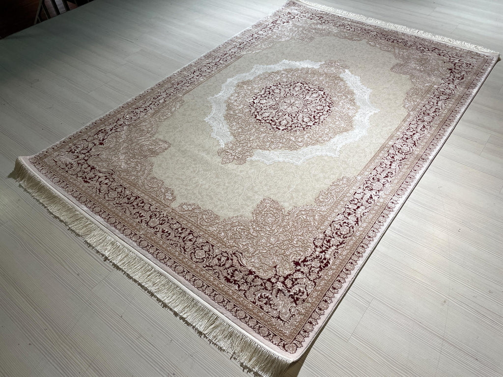 5x8 ft Burgundy Ivory Bamboo Area Rug, Turkish Luxury Carpet, Classic Living Room Rug