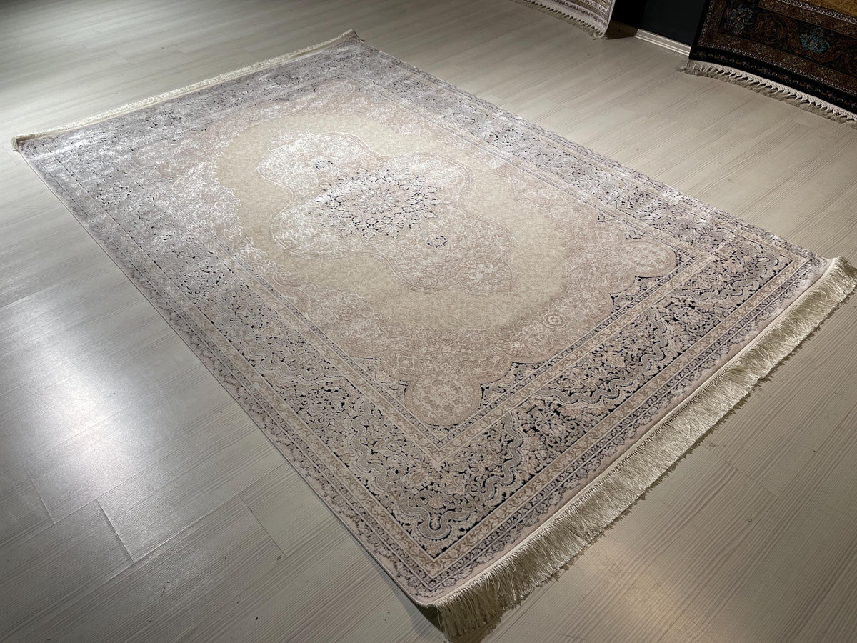 5x8 ft Ivory Navy Blue Bamboo Rug, Medallion Design, Turkish Luxury Carpet