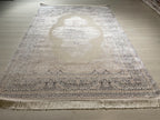 5x8 ft Ivory Navy Blue Bamboo Rug, Medallion Design, Turkish Luxury Carpet